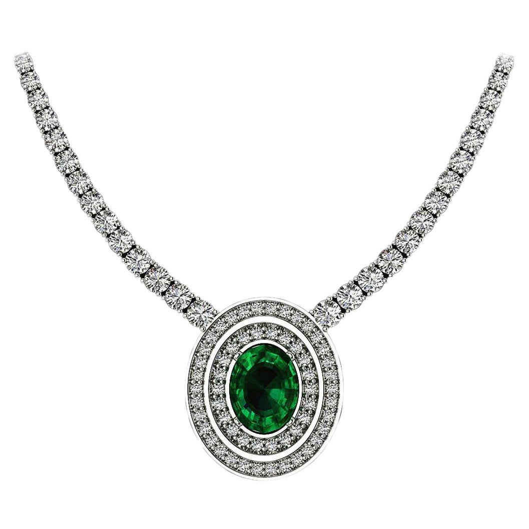 Certified 11.50 Carat Oval Emerald Round Brilliant Cut Diamonds Tennis Necklace For Sale