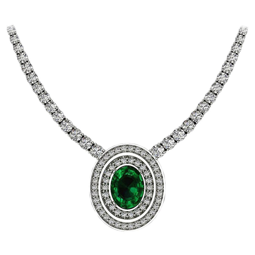 Certified 11.50 Carat Oval Emerald Round Brilliant Cut Diamonds Tennis Necklace