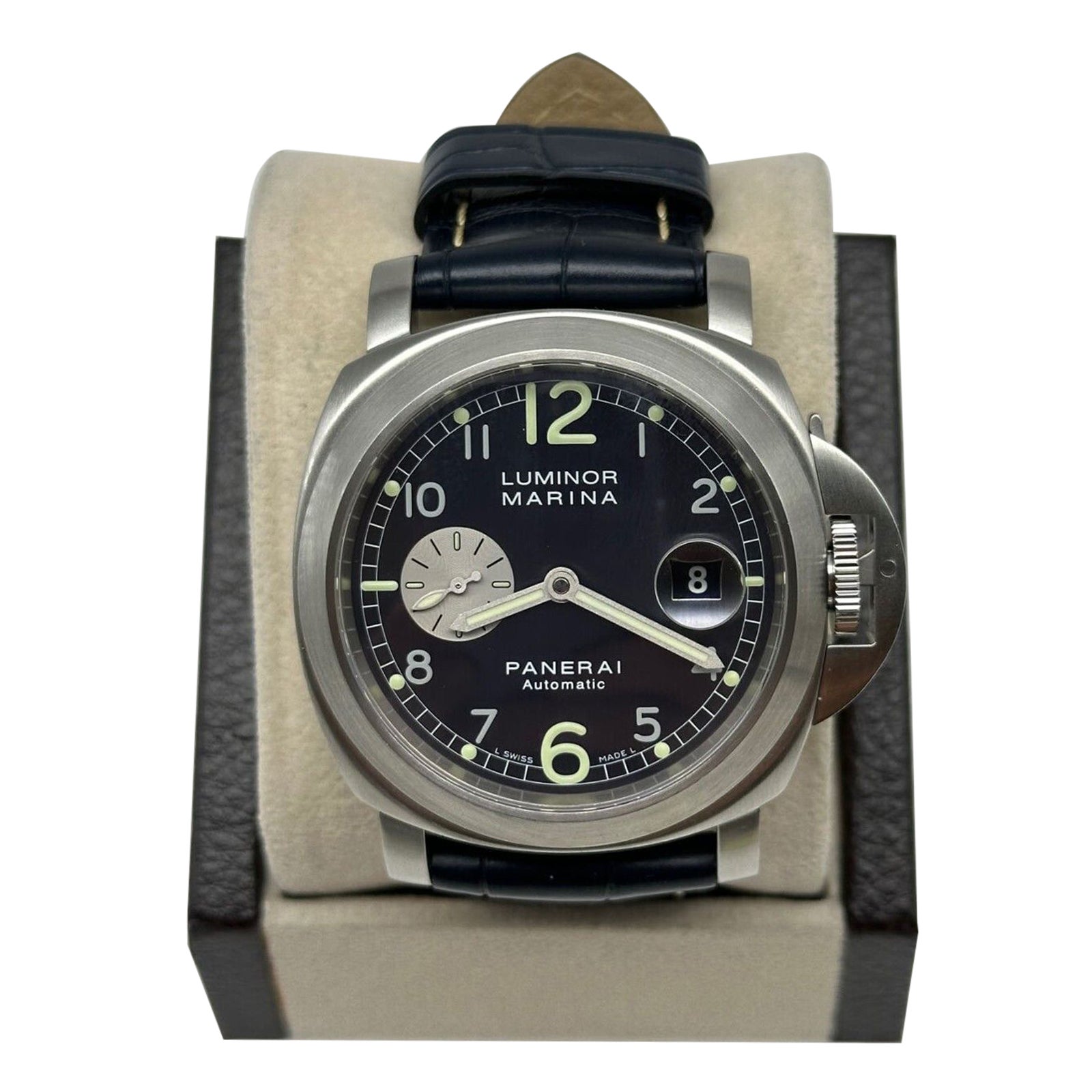 Panerai PAM00086 Pam 86 Luminor Marina Schwarzes Zifferblatt Stahl Lederband Box Papier im Angebot