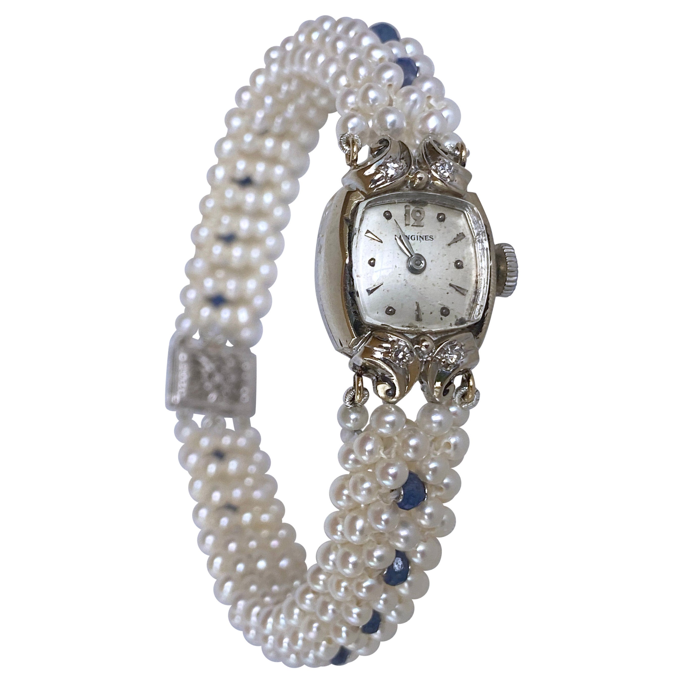 Marina J. Antique 14k Diamond Encrusted Watch with Blue Sapphire and Pearl Band