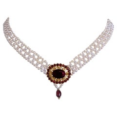 Marina J. Pearl Woven Necklace with Gold Plated Vintage Garnet Brooch