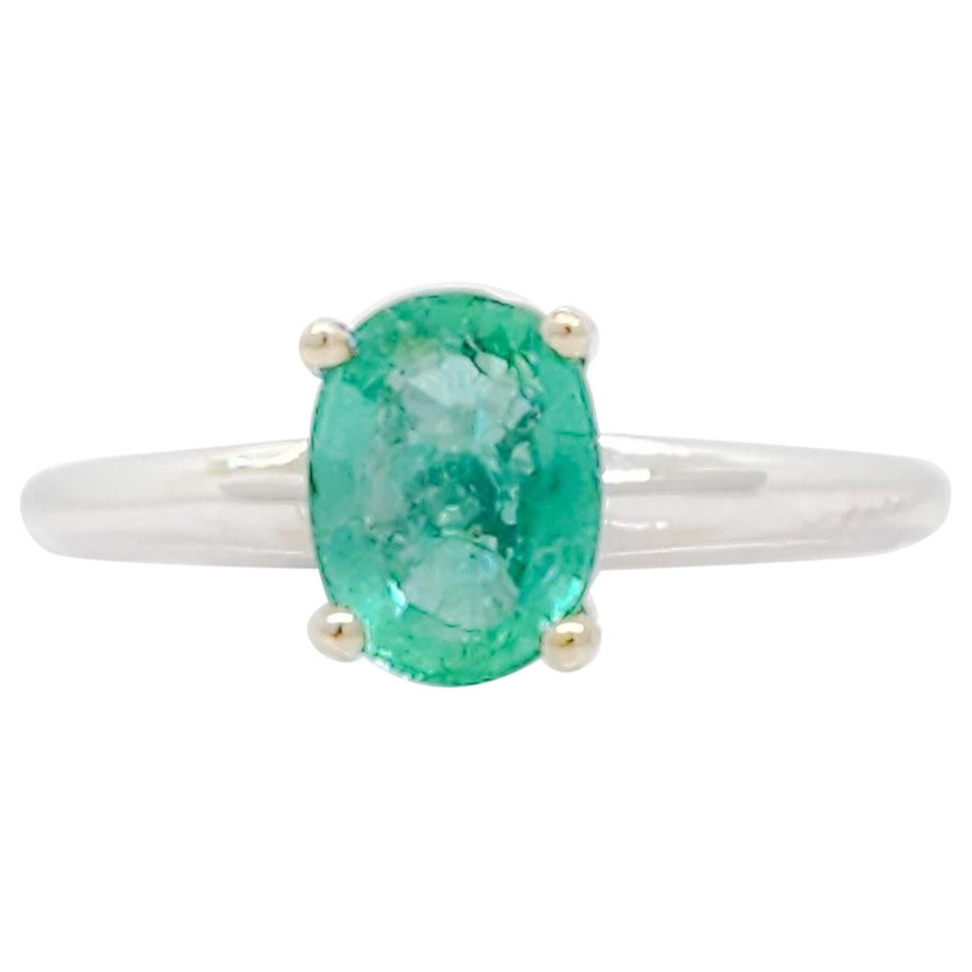 Emerald Oval and 14k White Gold Ring For Sale