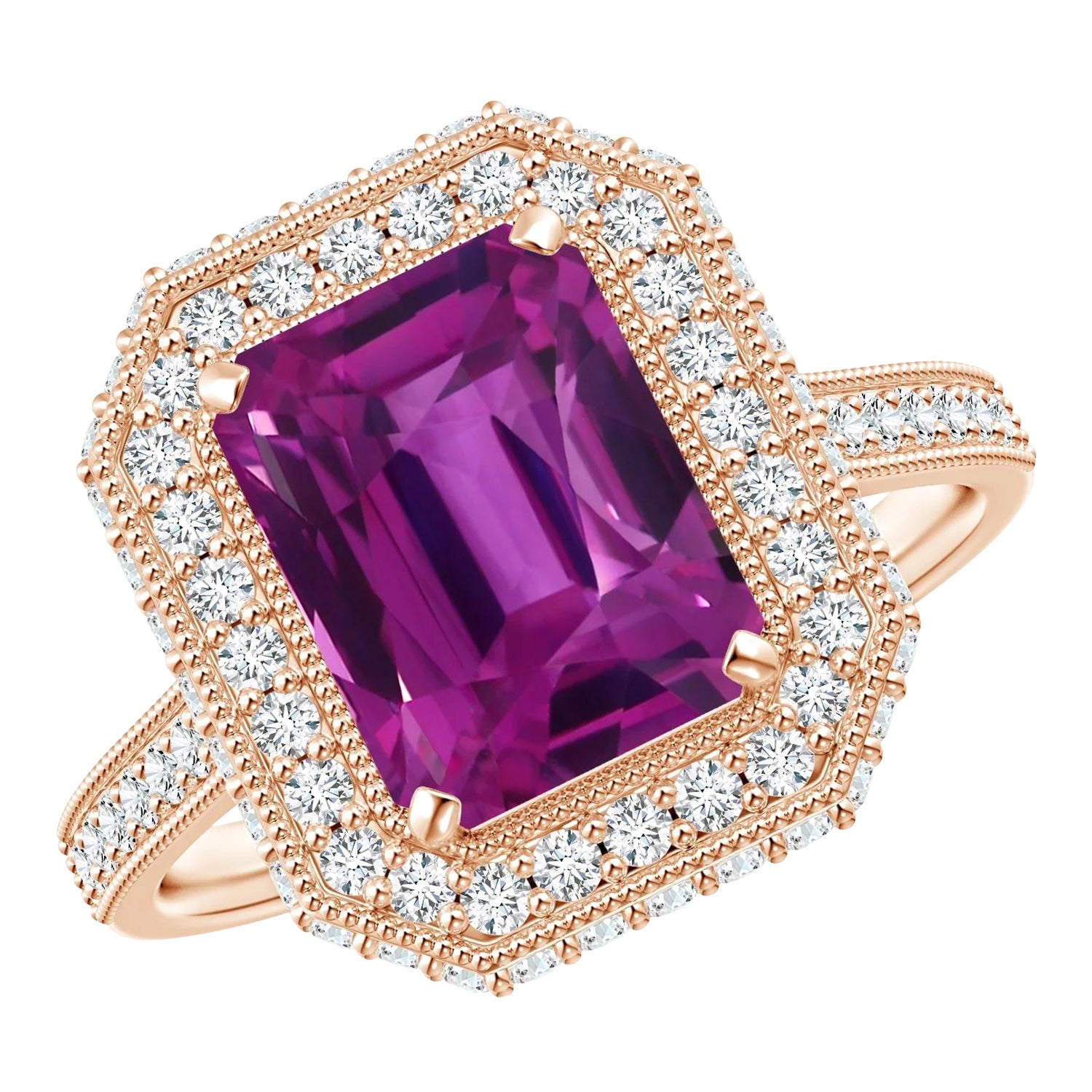 For Sale:  GIA Certified Natural Emerald Cut Pink Sapphire Halo Ring in Rose Gold