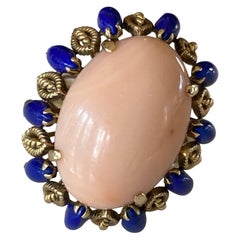 Estate Vintage Era Coral and Lapis Lazuli Cocktail Ring 