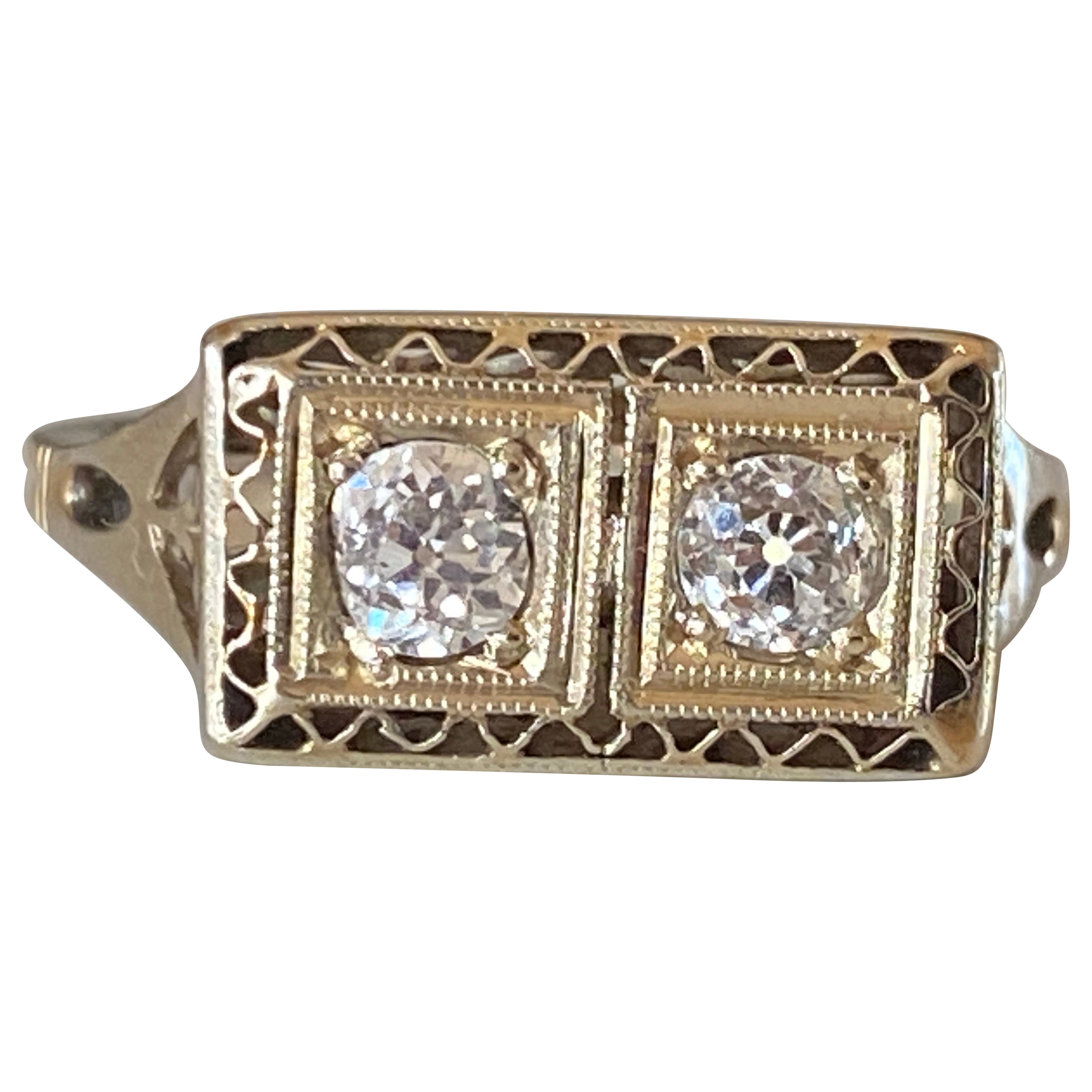 Art Deco Two-Stone Diamond and Filigree Ring 