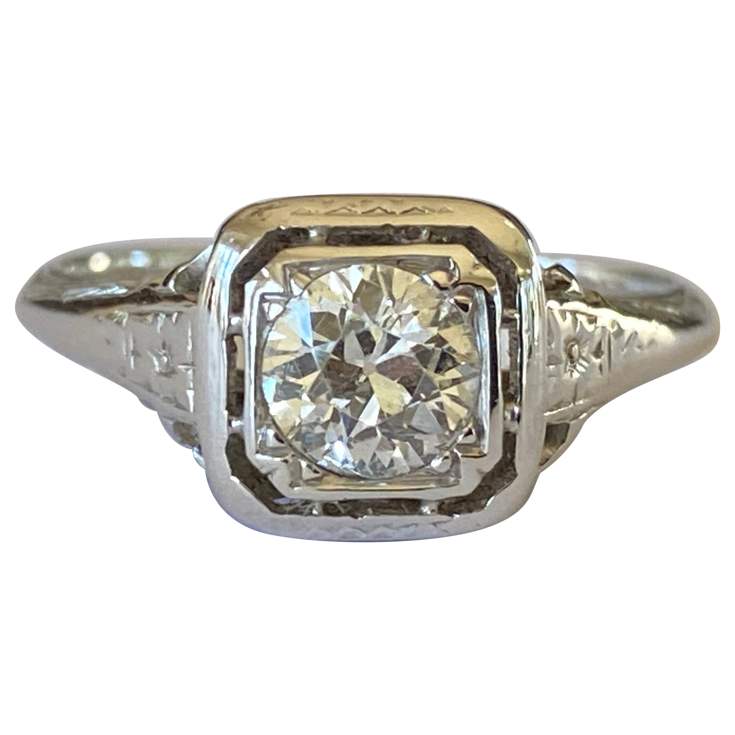 Antique Art Deco Diamond Solitaire and Filigree Ring  For Sale