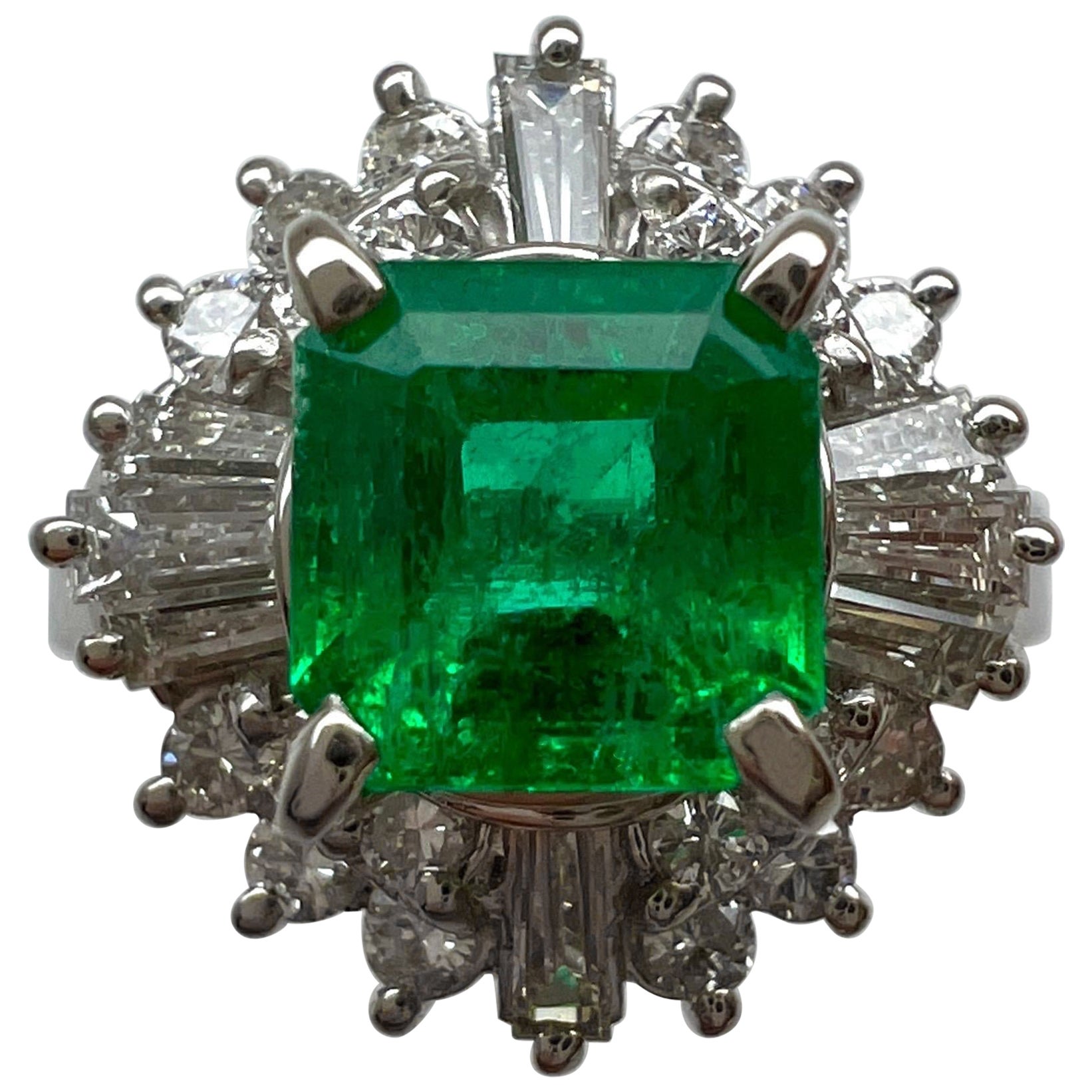1.90 Carat Vivid Green Colombian Emerald & Diamond Platinum Halo Cluster Ring
