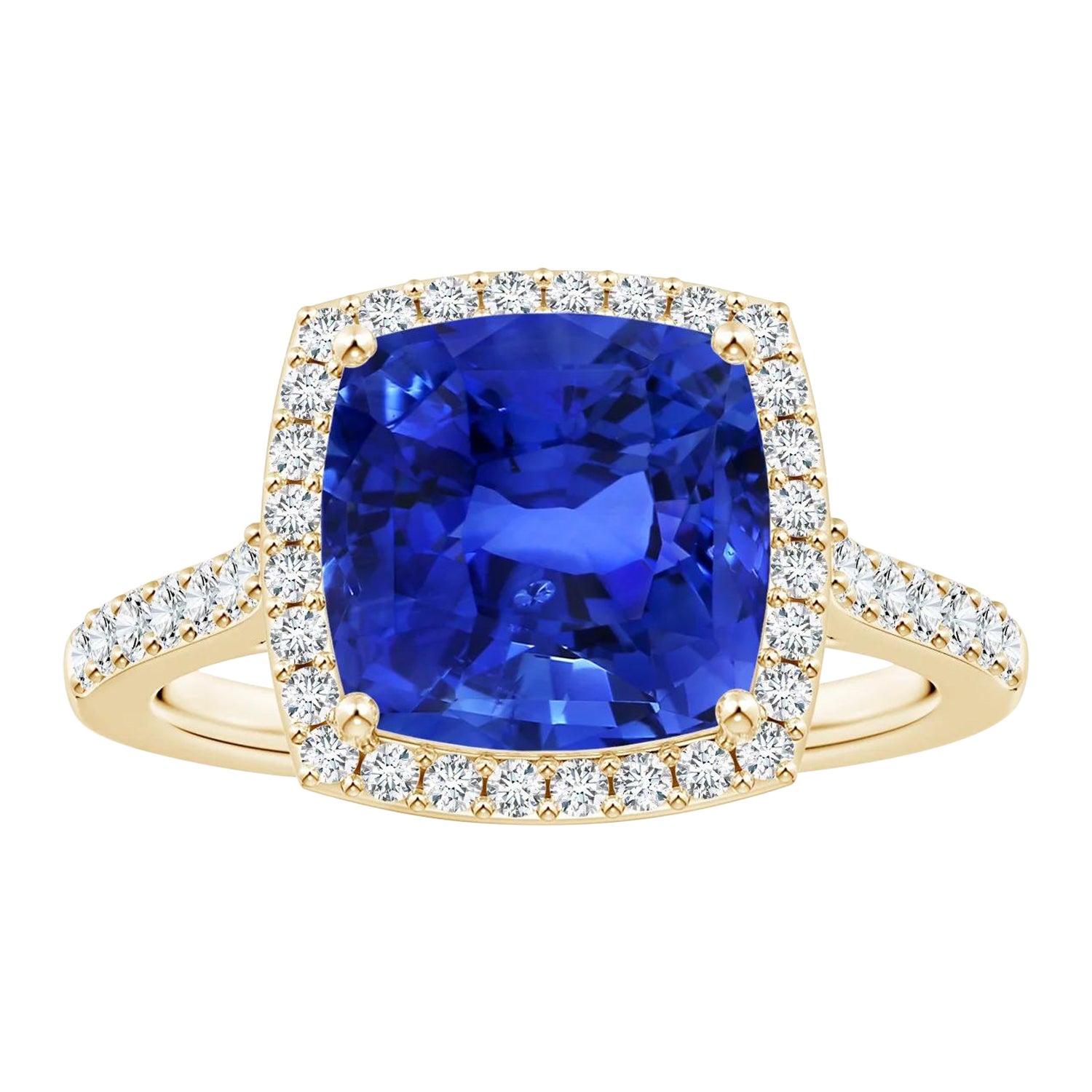 Gelbgoldring mit GIA-zertifiziertem natürlichem blauem Saphir-Halo und Diamanten
