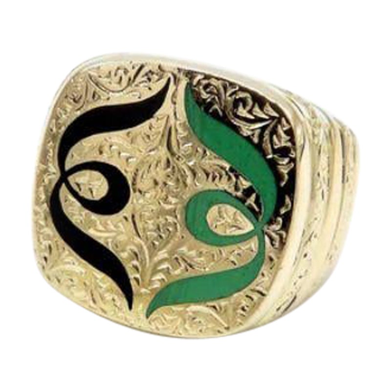 18K Gold Hand-Engraved Enamel Signet Ring with Symmetrical Design