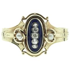 French Victorian Enamel Pearl Diamond Gold Bracelet