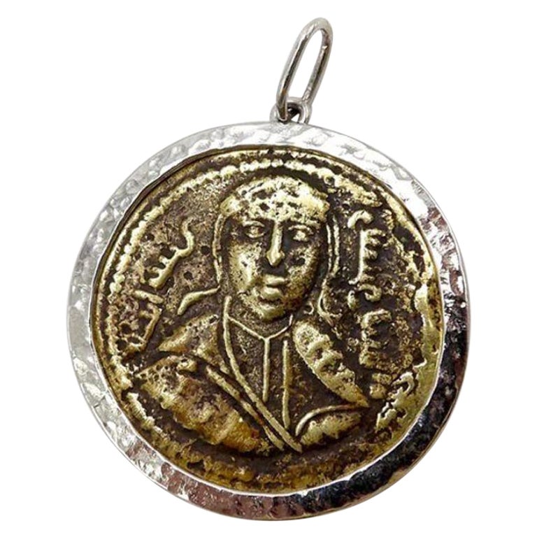 Bronze Byzantine Coin Pendant in 14K White Gold Mount For Sale