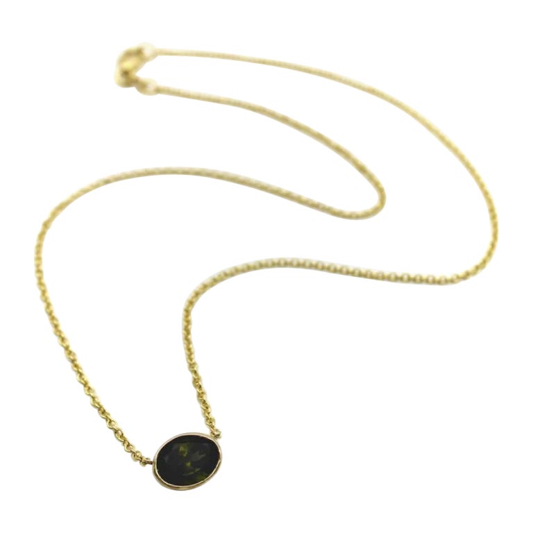 14k Gold Signature Bezel Set Dark Green Tourmaline Necklace For Sale