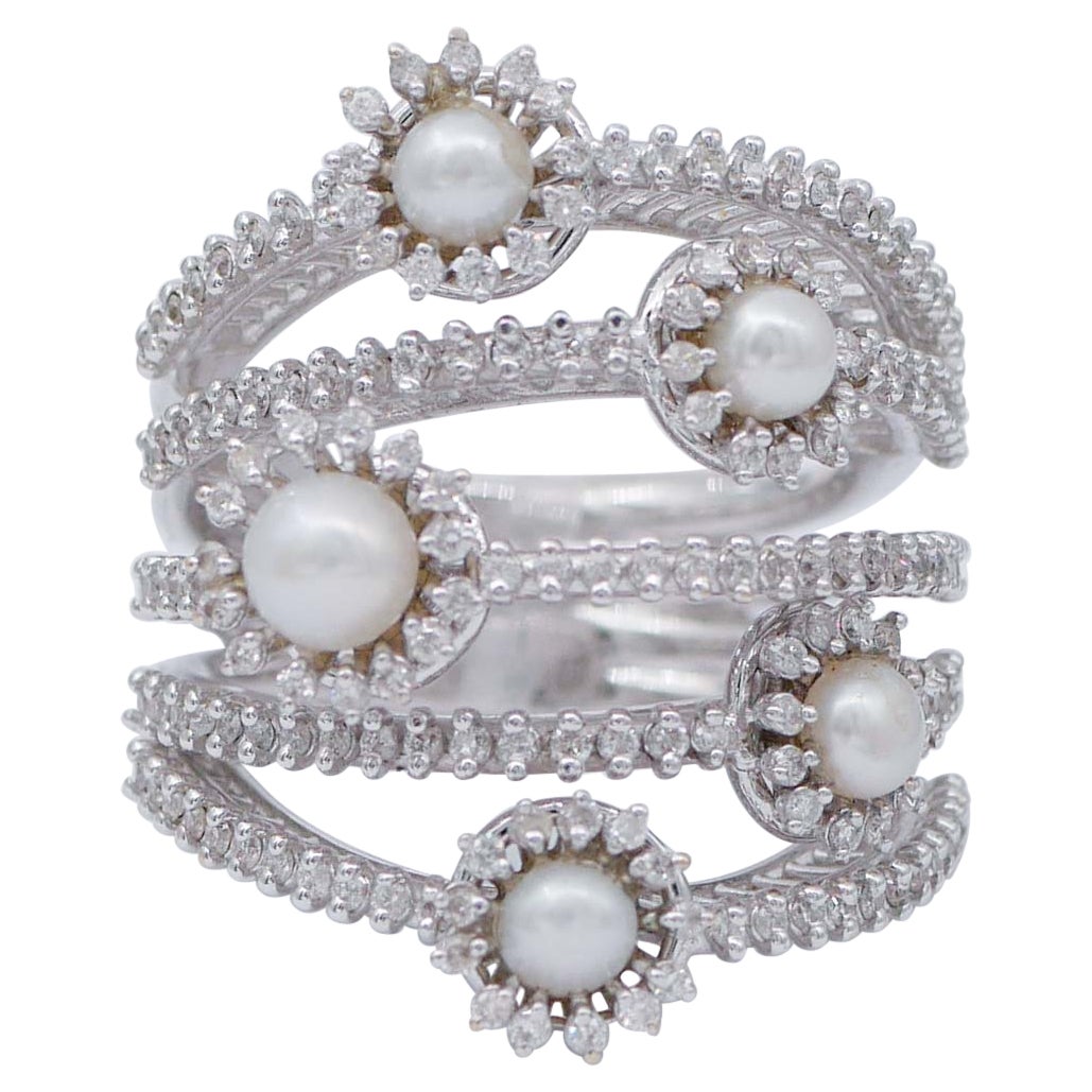 Diamonds, Pearls, 18 Karat White Gold Ring For Sale