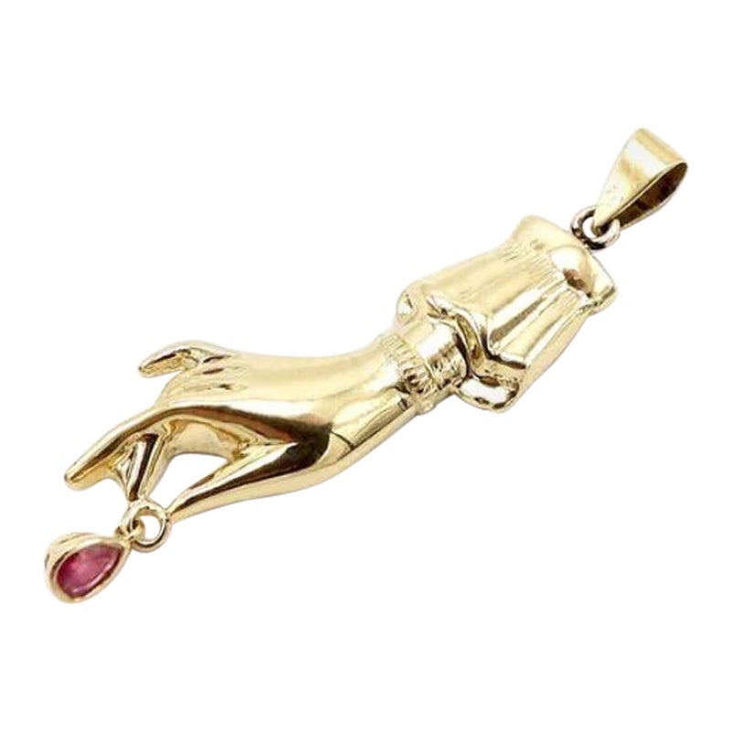 14K Gold Signature Hand Pendant with Ruby Drop
