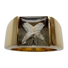Rare Cartier Vintage Rutile Quartz 18k Yellow Gold Tank Band Solo Ring EU 54
