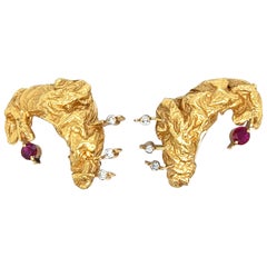 Vintage Stanley Lechtzin Gold Ruby Diamond Ear Clips