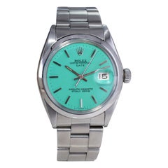Rolex Edelstahl Oyster Perpetual Date mit maßgefertigtem blauem Zifferblatt 1960er Jahre