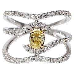 GIA Certified Natural Yellow Oval and White Diamond 1.27 Carat TW Gold Ring