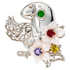 Parrot Gold Pendant with Emerald, Sapphires, Ruby and Pearl Carved Flowers