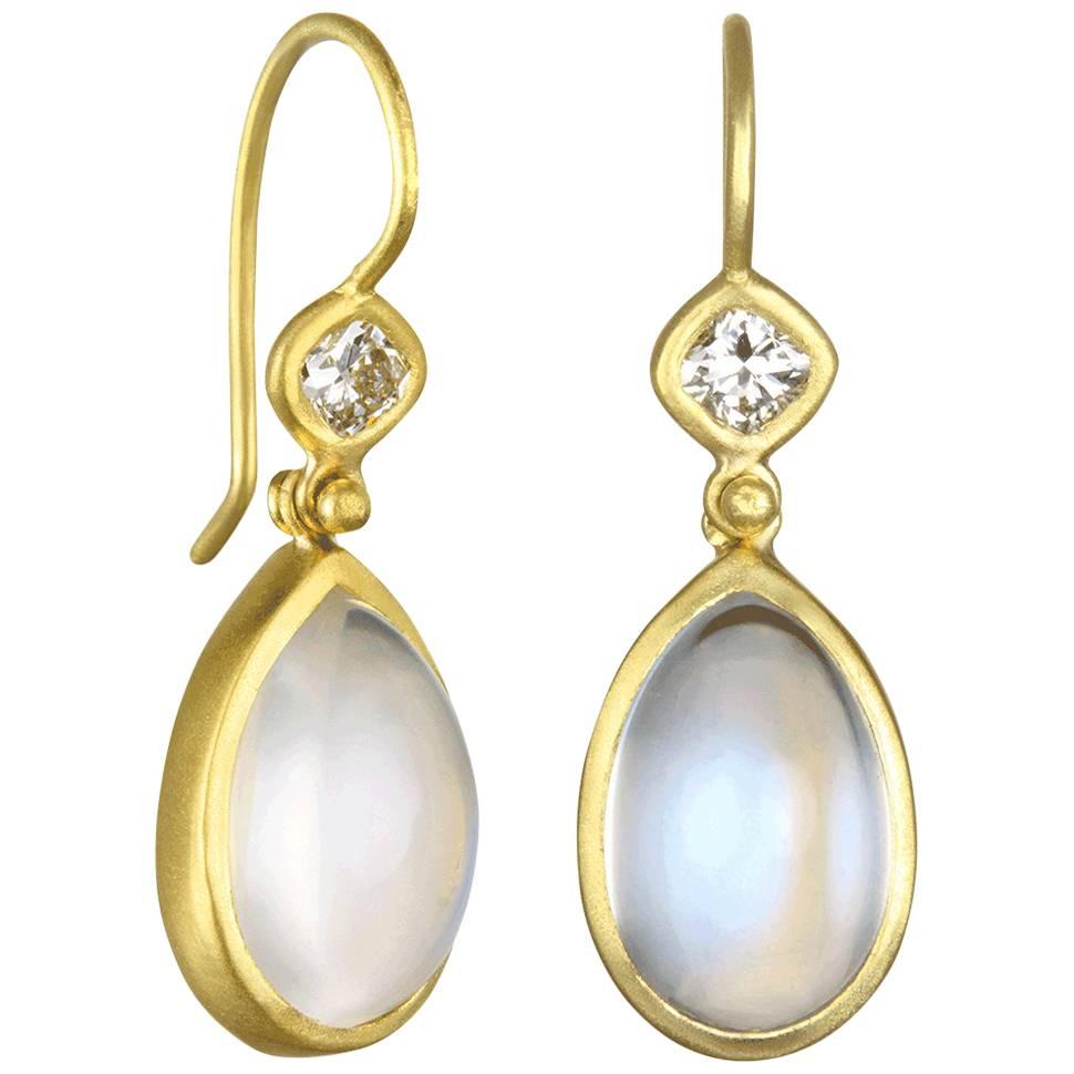 Faye Kim Gold African Moonstone Diamond Gold Hinge Earrings