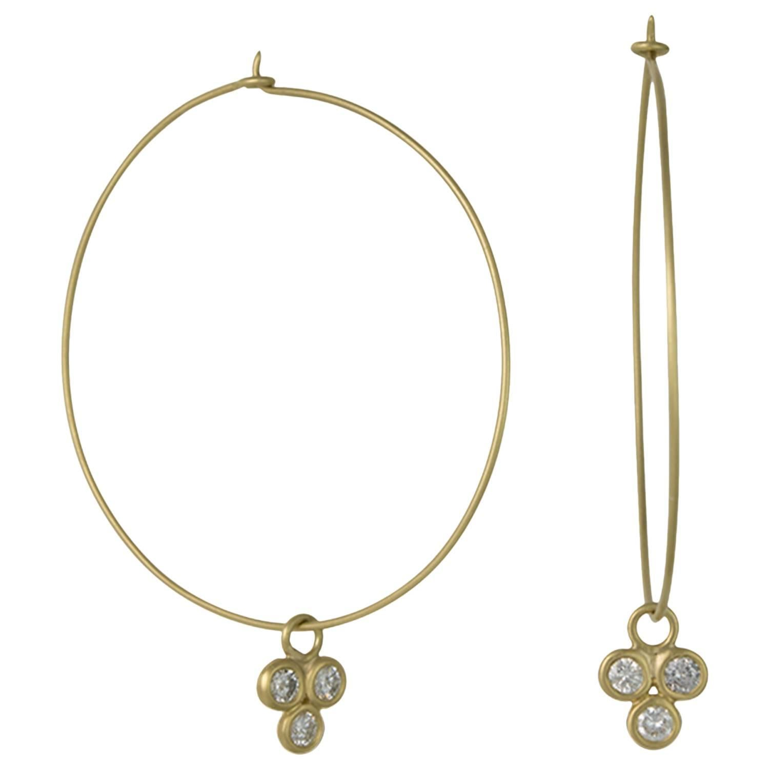 Faye Kim 18 Karat Gold Wire Hoops with Triple Diamond Drops For Sale