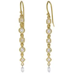 Faye Kim Diamond 18k Gold Line Earrings with Hinge and Diamond Briolettes