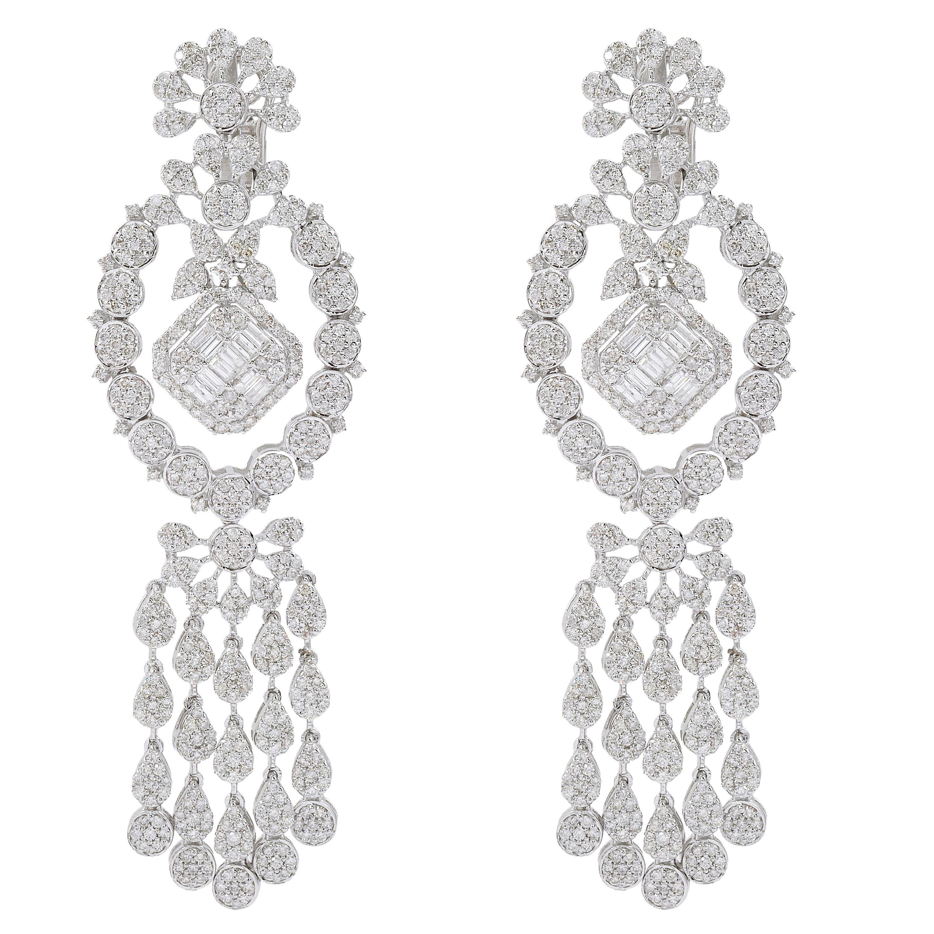 8 Carat SI Clarity HI Color Baguette Diamond Dangle Earrings 18 Karat White Gold For Sale