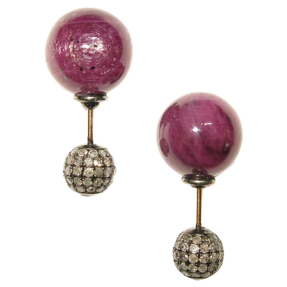 Ruby & Pave Diamond Ball Tunnel Earrings Made in 14k Gold & Silver For Sale