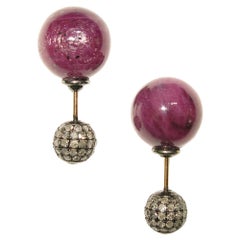 Ruby & Pave Diamond Ball Tunnel Earrings Made in 14k Gold & Silver