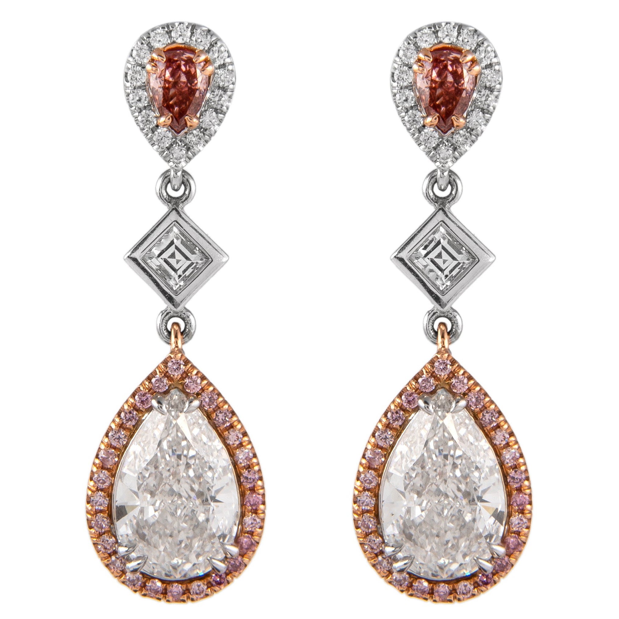 Alexander 5.11ct Pear F color Diamonds with Fancy Instence Pink Diamond Earrings For Sale