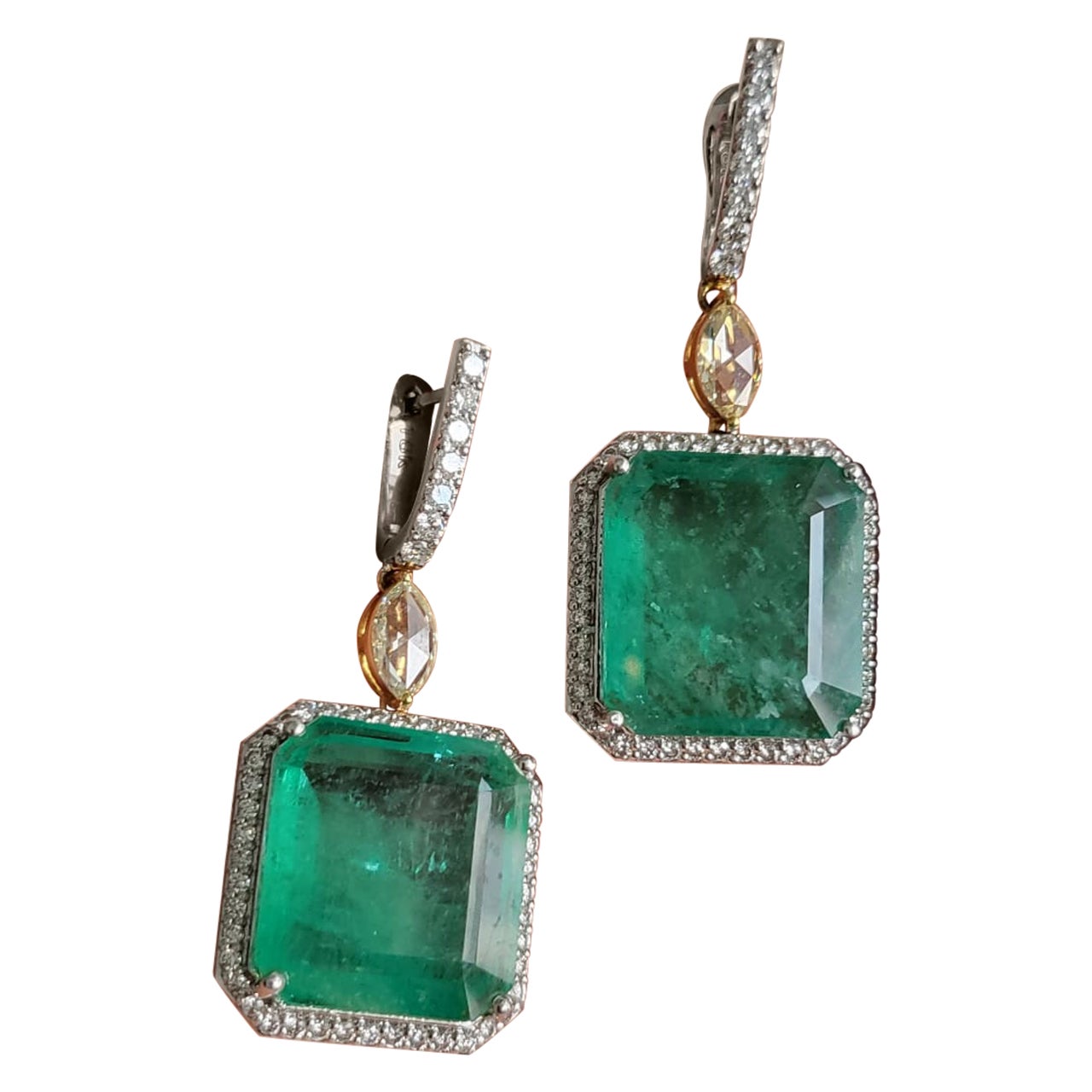 44.79 Carats, Natural Zambian Emerald & Rose Cut Diamonds Dangle/ Drop Earrings