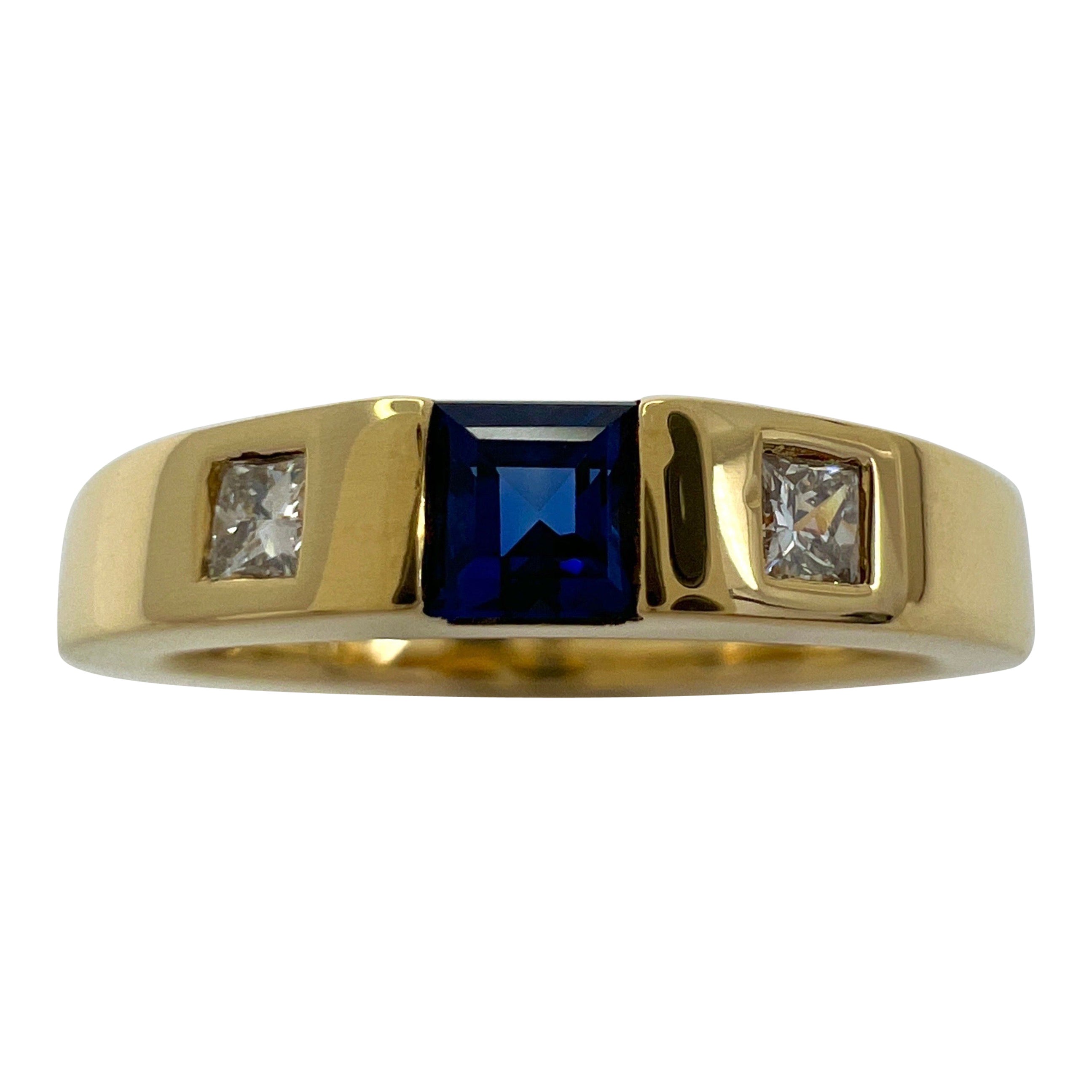 Vintage Tiffany & Co Fine Blue Sapphire Diamond 18k Yellow Gold Three Stone Ring