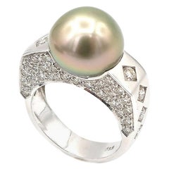Light Green Tahitian Pearl Multi Textured Faceted Diamond White 18K Gold Ring
