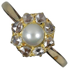 Antique 9 Carat Gold Pearl and Rose Cut Diamond Cluster Ring