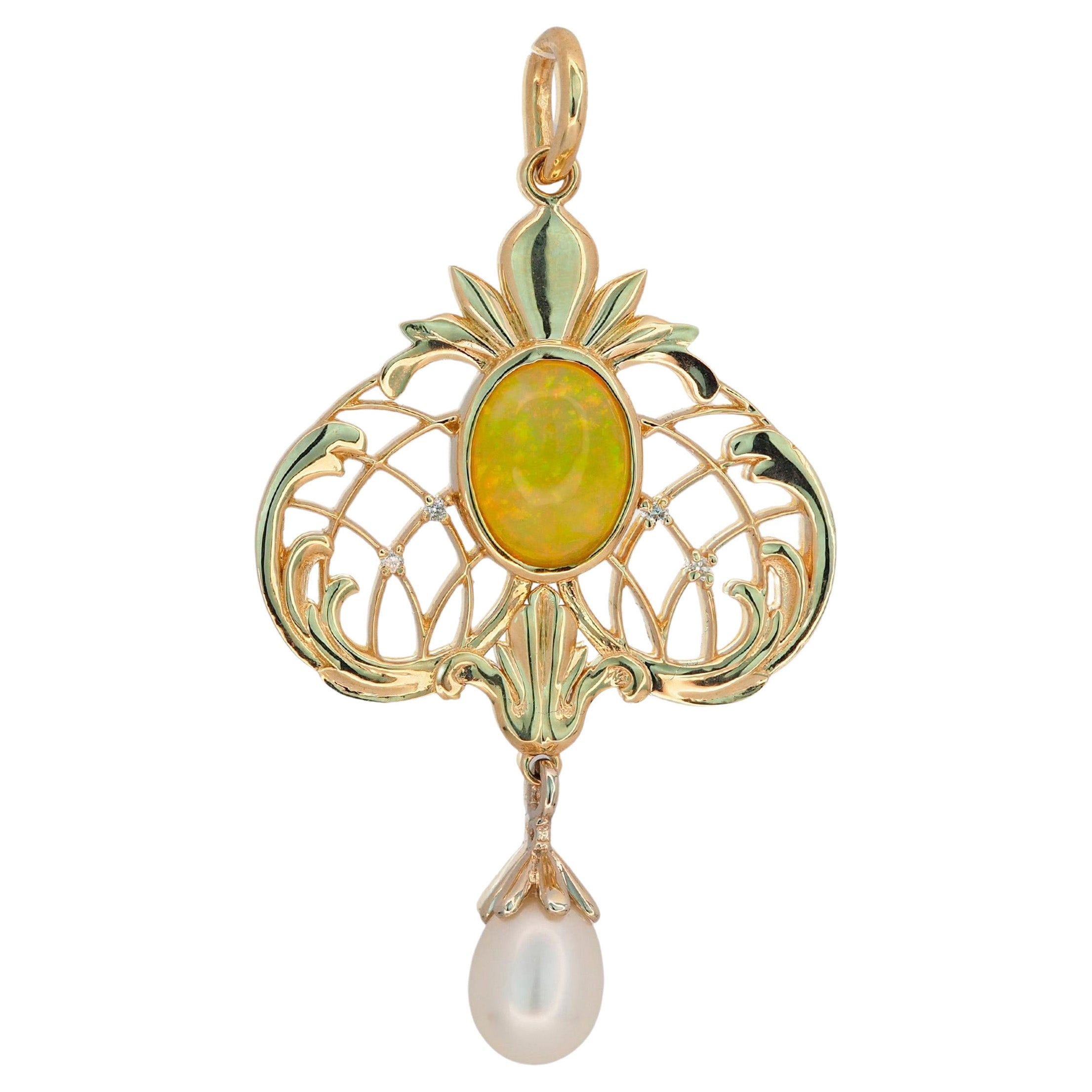 14 Karat Gold Pendant with Opal, Pearl and Diamonds