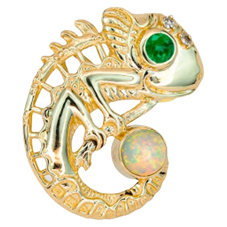 14k Gold Pendant with Opal, Emerald and Diamonds, Chameleon Pendant