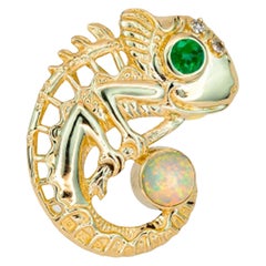 Used 14k Gold Pendant with Opal, Emerald and Diamonds, Chameleon Pendant