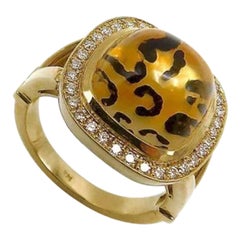 Leopard Reverse Painted Citrine Cabochon Ring with Diamond Halo in 14K Gold