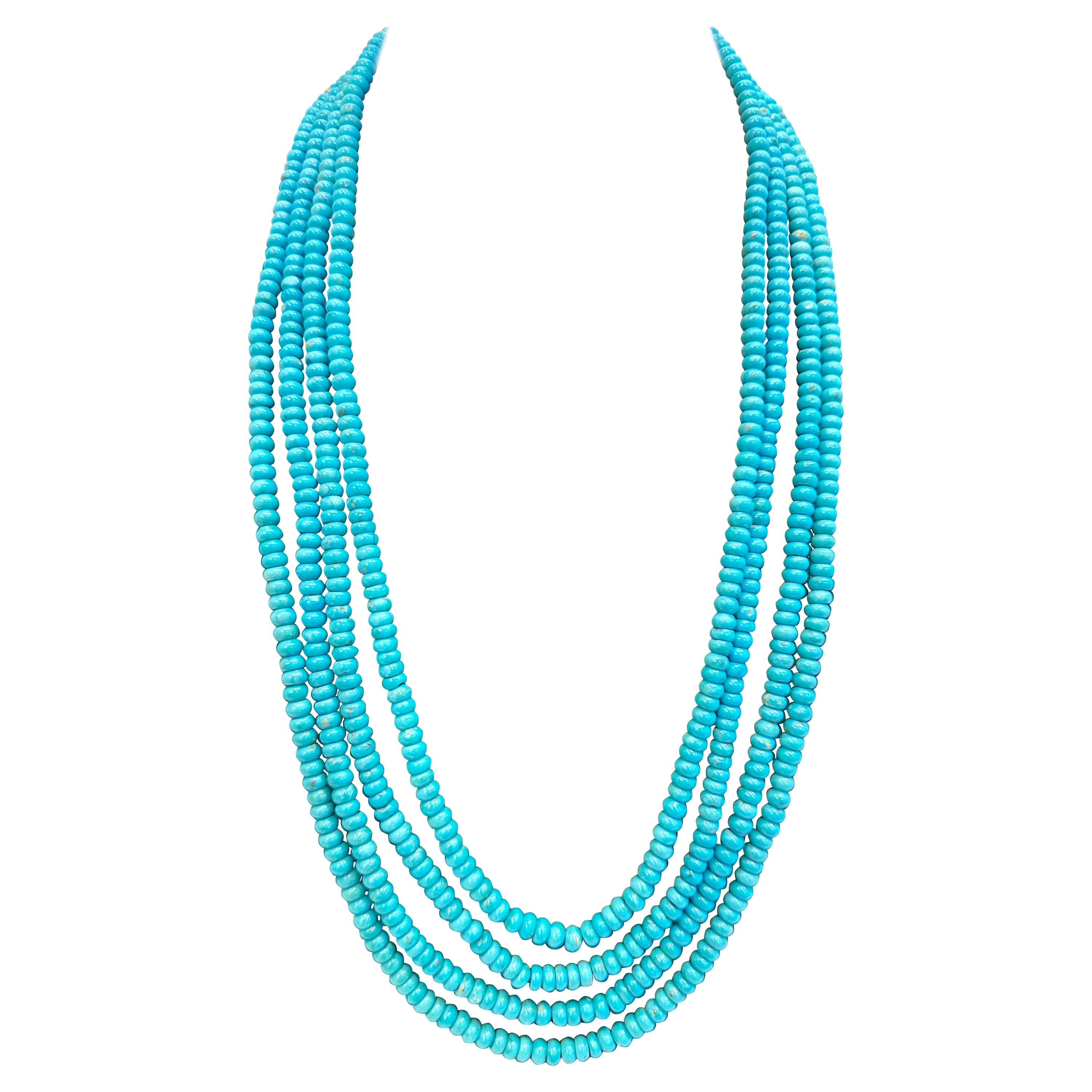 500 Carat Natural Sleeping Beauty Turquoise Necklace, Four Strand 14 Karat Gold For Sale