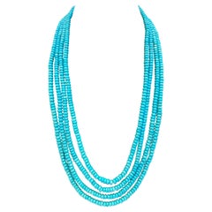500 Carat Natural Sleeping Beauty Turquoise Necklace, Four Strand 14 Karat Gold