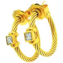 Used David Yurman .80 Carats Princess Cut Diamonds Gold Hoop Earrings