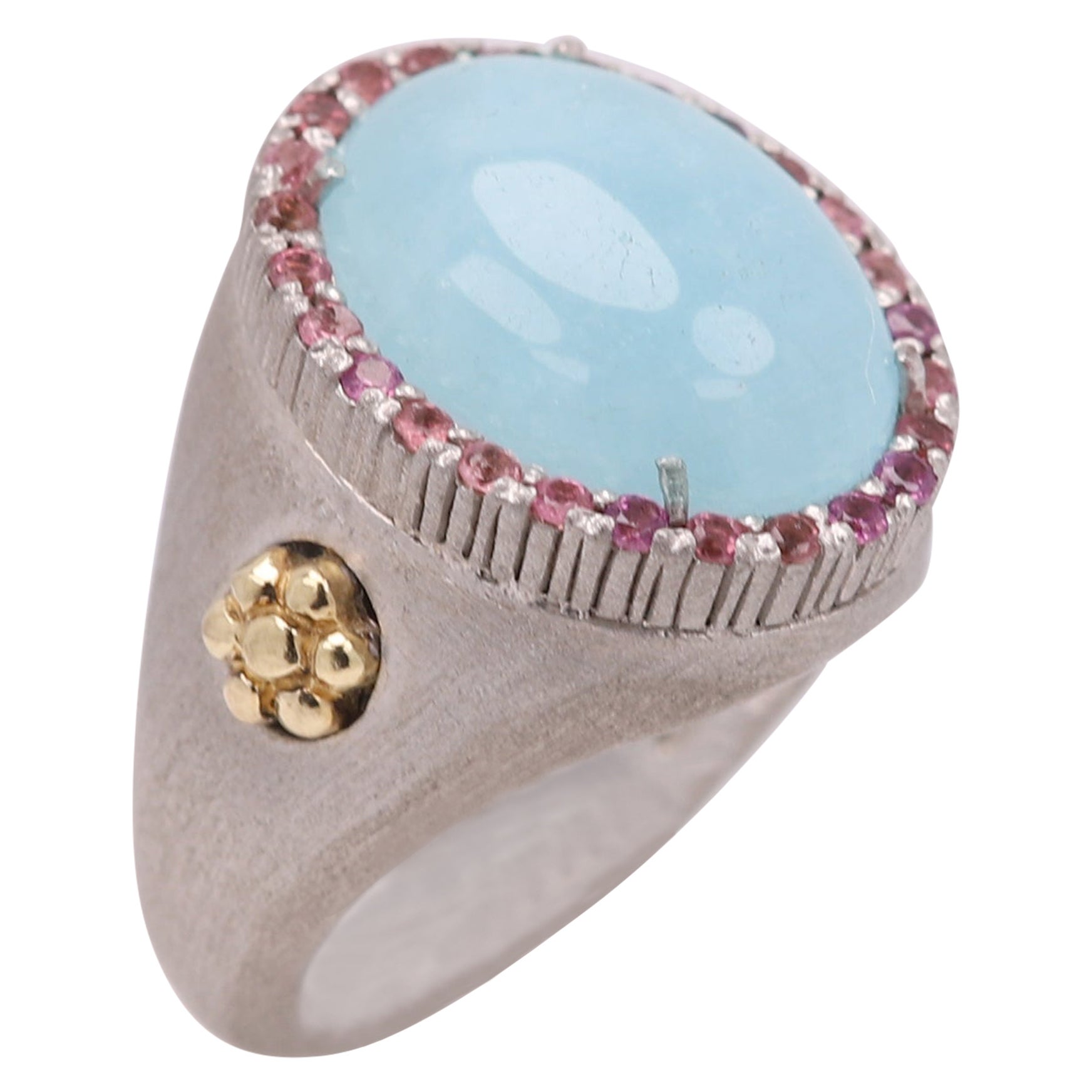 Natural Aquamarine Pink Tourmaline Ring Sterling Silver 925 and 18 Karat Gold For Sale