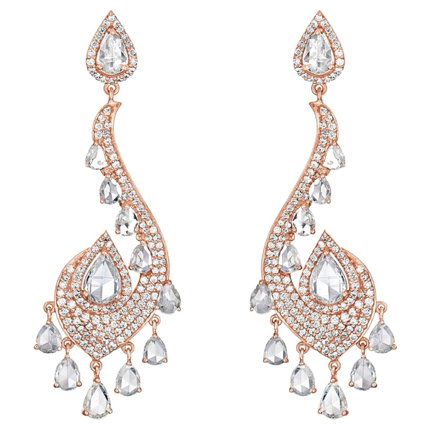 6.92 Carat Round Brilliant and Rose Cut Diamond Drop Fancy 18K Gold  Earrings For Sale at 1stDibs