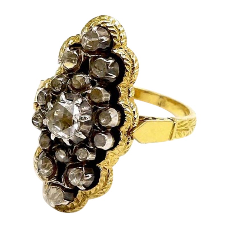 18K Gold Georgian Revival Ring with Rose Cut Diamonds Cluster For Sale