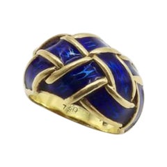 Vintage 18K Gold Blue Enamel Hidalgo Basket Weave Dome Ring, circa 1990's