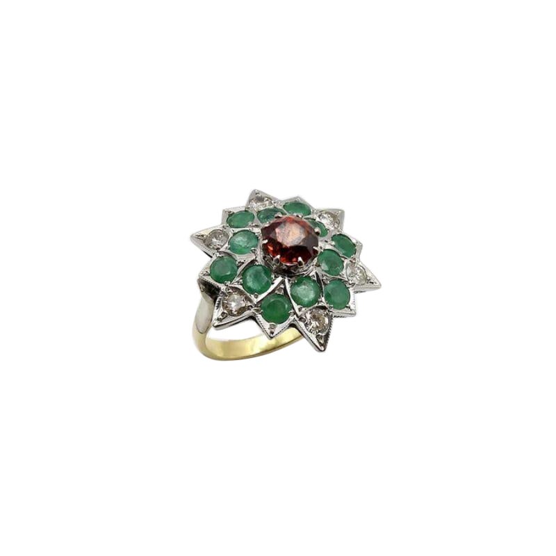 18K Gold Vintage Starburst Ring with Spessartite Garnet, Emeralds, and Diamonds For Sale