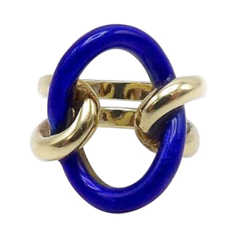 Vieille bague en or 14K émaillé bleu à nœud d'amoureux, circa 1990