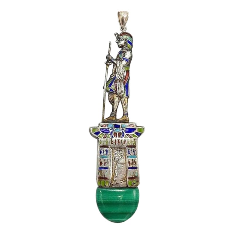 Egyptian Revival 800 Silver Enamel Figurative Pendant with Malachite