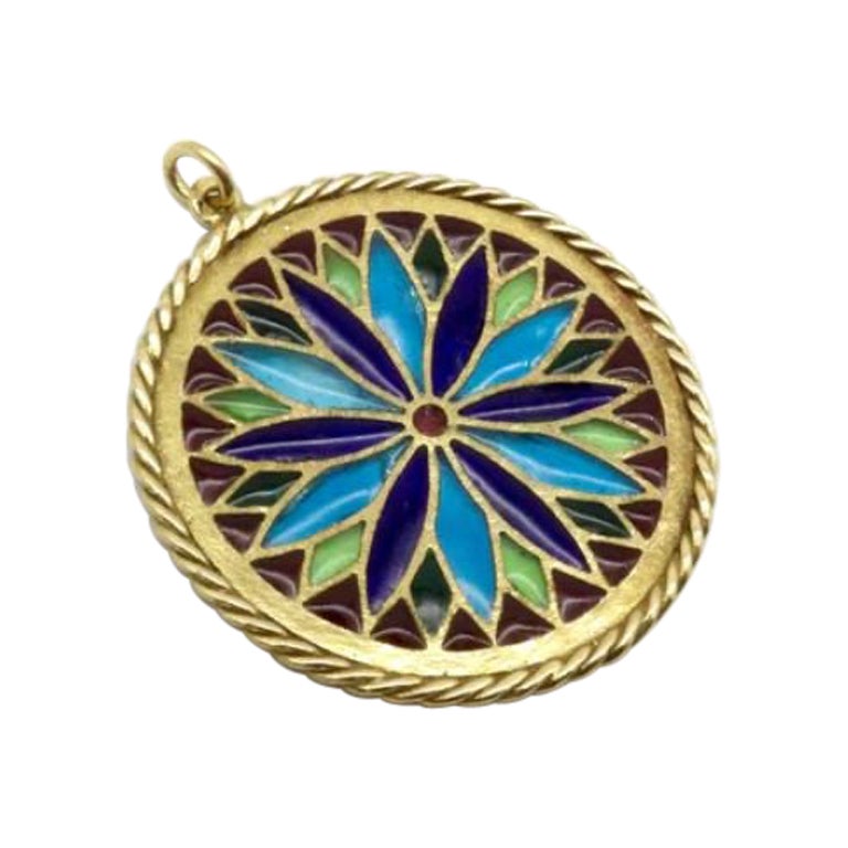 French Plique-à-jour 18K Gold Stained Glass Pendant, circa 1920's For Sale