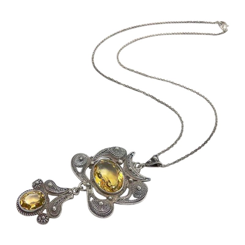 Vintage Sterling Silver Wirework and Citrine Necklace For Sale